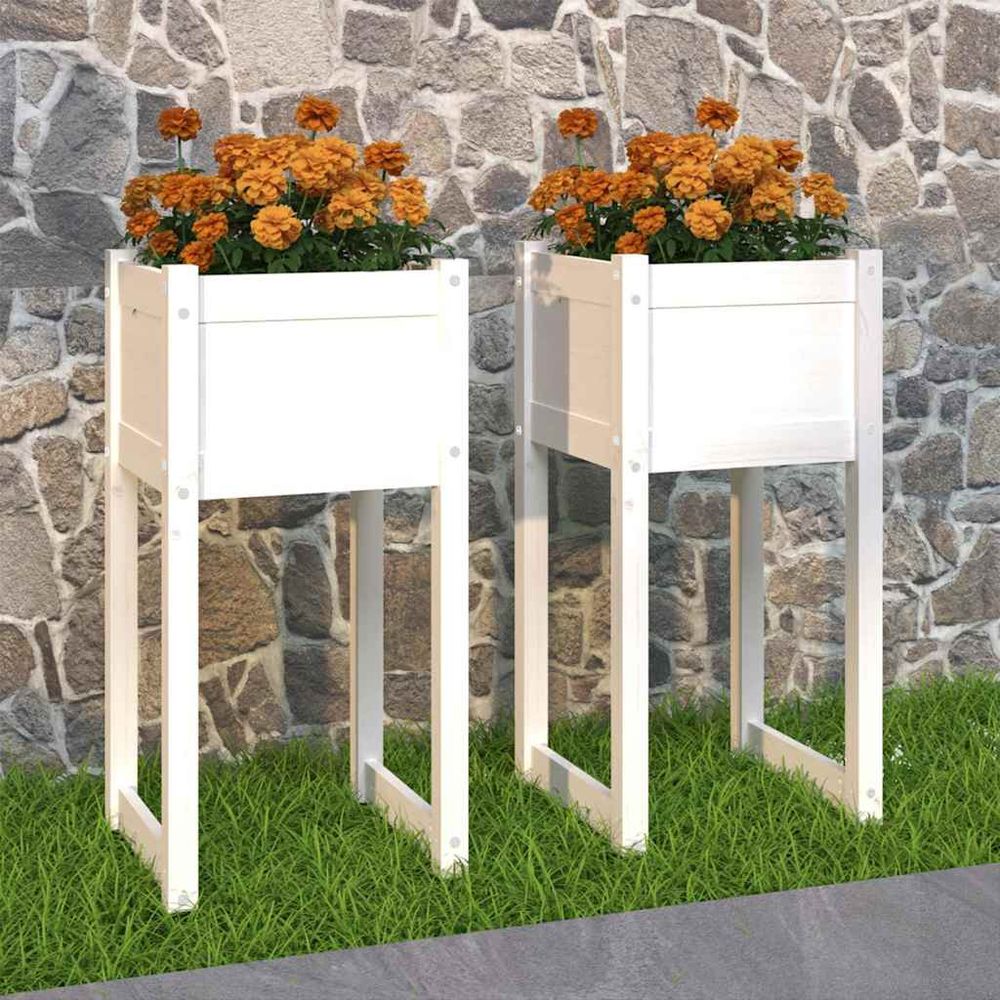 Lot de 2 jardinières hautes en bois de pin massif blanc 40x40x81 cm