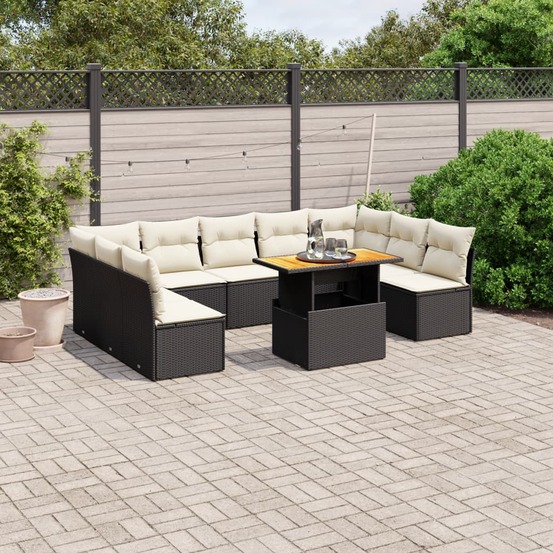 Salon de jardin 10 pcs avec coussins noir résine tressée