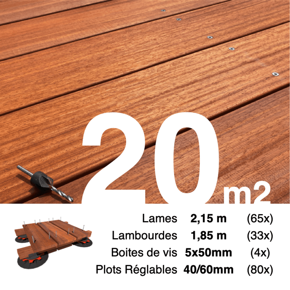 Kit complet terrasse bois exotique padouk pour 20 m², lames 2,15 m, lambourdes 1,85 m, plots réglables et visserie inox.