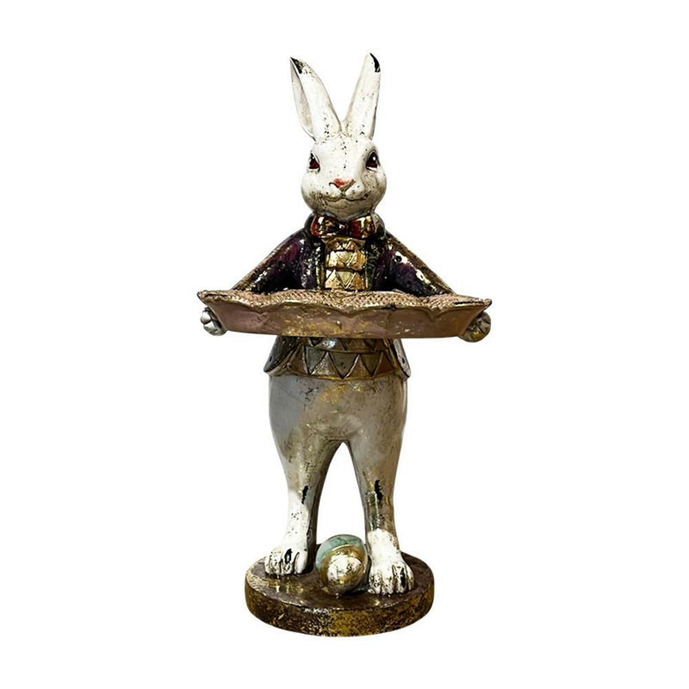 Lapin valet blanc plateau résine 17x14x30cm