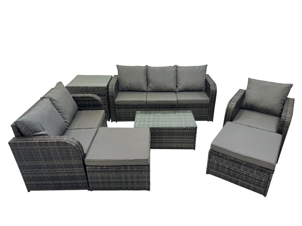 Ensemble de meubles de jardin en polyrotin 7 pièces avec table basse rectangulaire canapé d'amour 2 grand tabourets table d'appoint