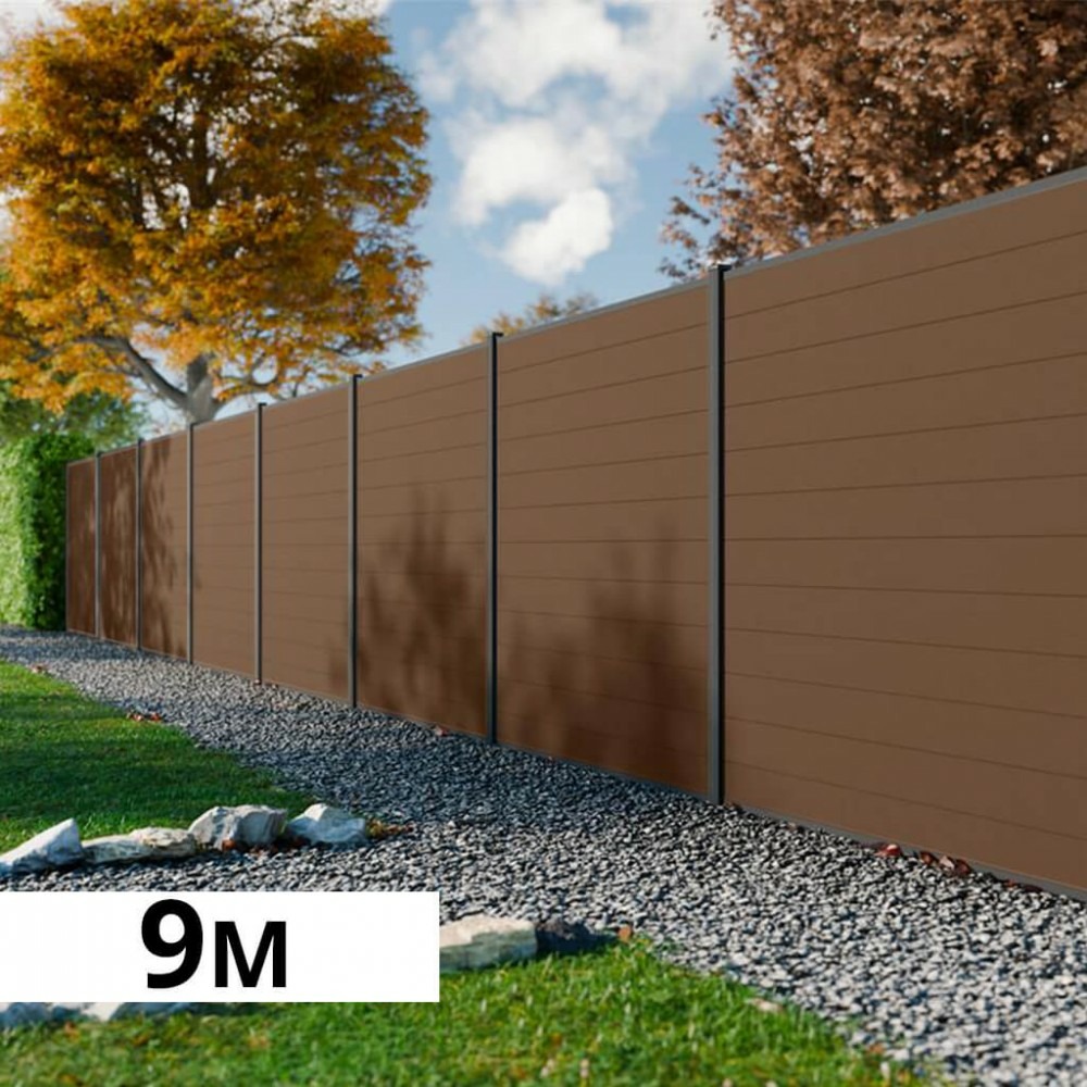 Kit clôture bois composite bronze 9x1,8m rio - poteaux en aluminium gris - brise vue - palissade