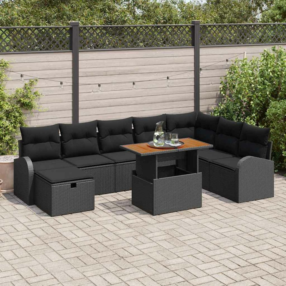 Ensemble de canapé de jardin avec coussin 9 pcs noir polyrotin