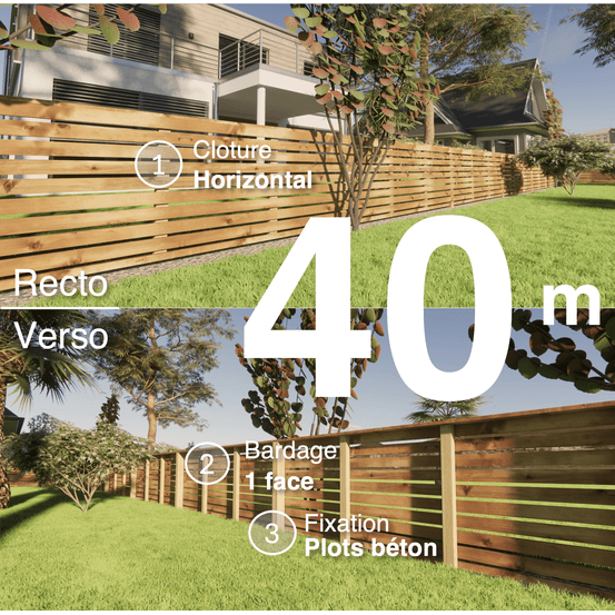 Kit clôture bois moderne 40m – h 0,9m – 20 x 70 mm autoclave marron – pose horizontal – simple face – à sceller
