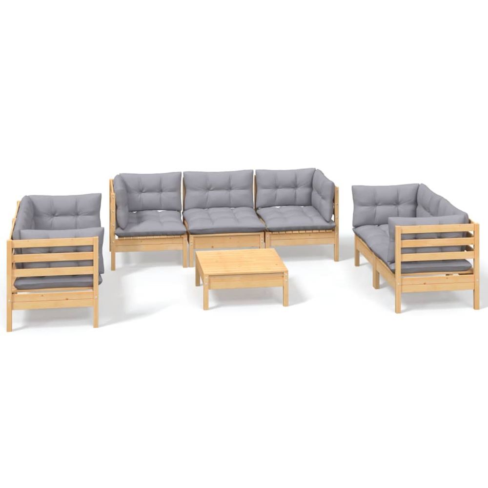 Salon de jardin 8 pcs avec coussins gris bois de pin massif