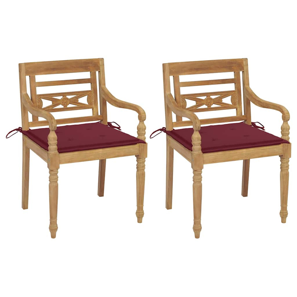Chaises batavia lot de 2 et coussins bordeaux bois teck massif