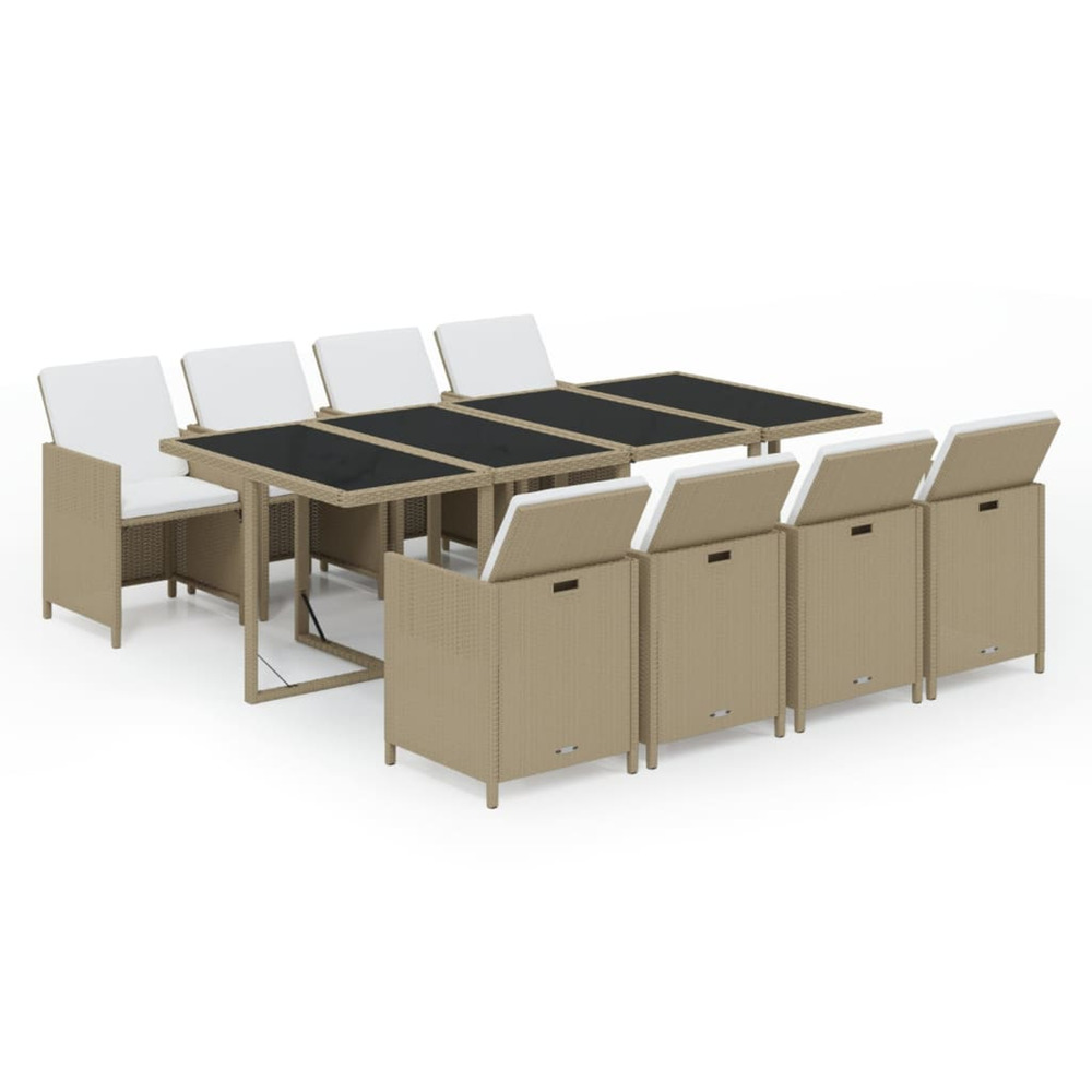 Ensemble à manger de jardin et coussins 9 pcs poly rotin beige