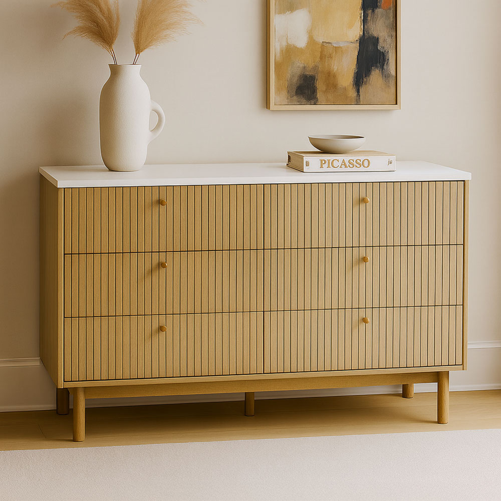 Buffet 6 tiroirs aspect bois rainuré et blanc 120cm brox