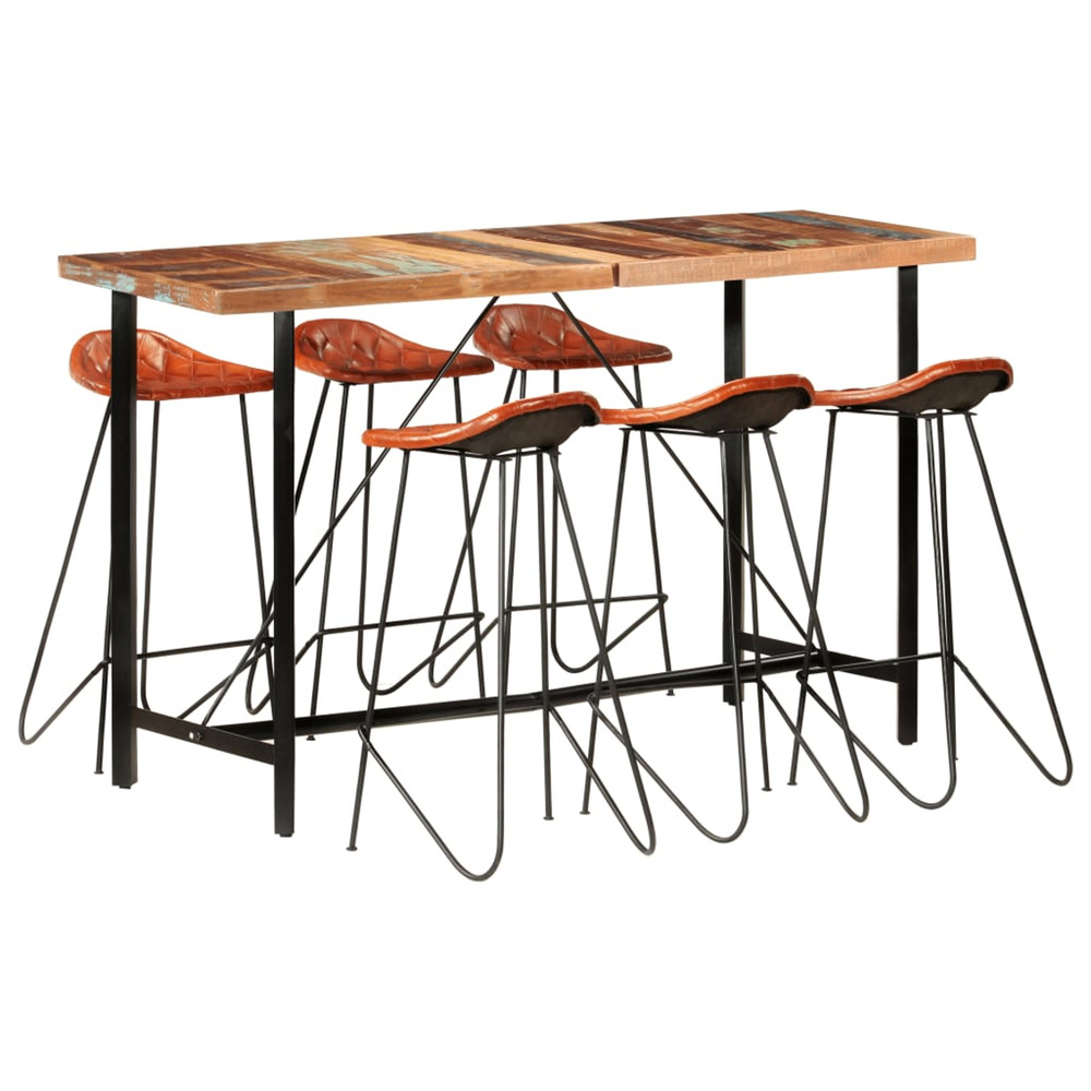 Ensemble de bar 7 pcs bois de récupération et cuir véritable
