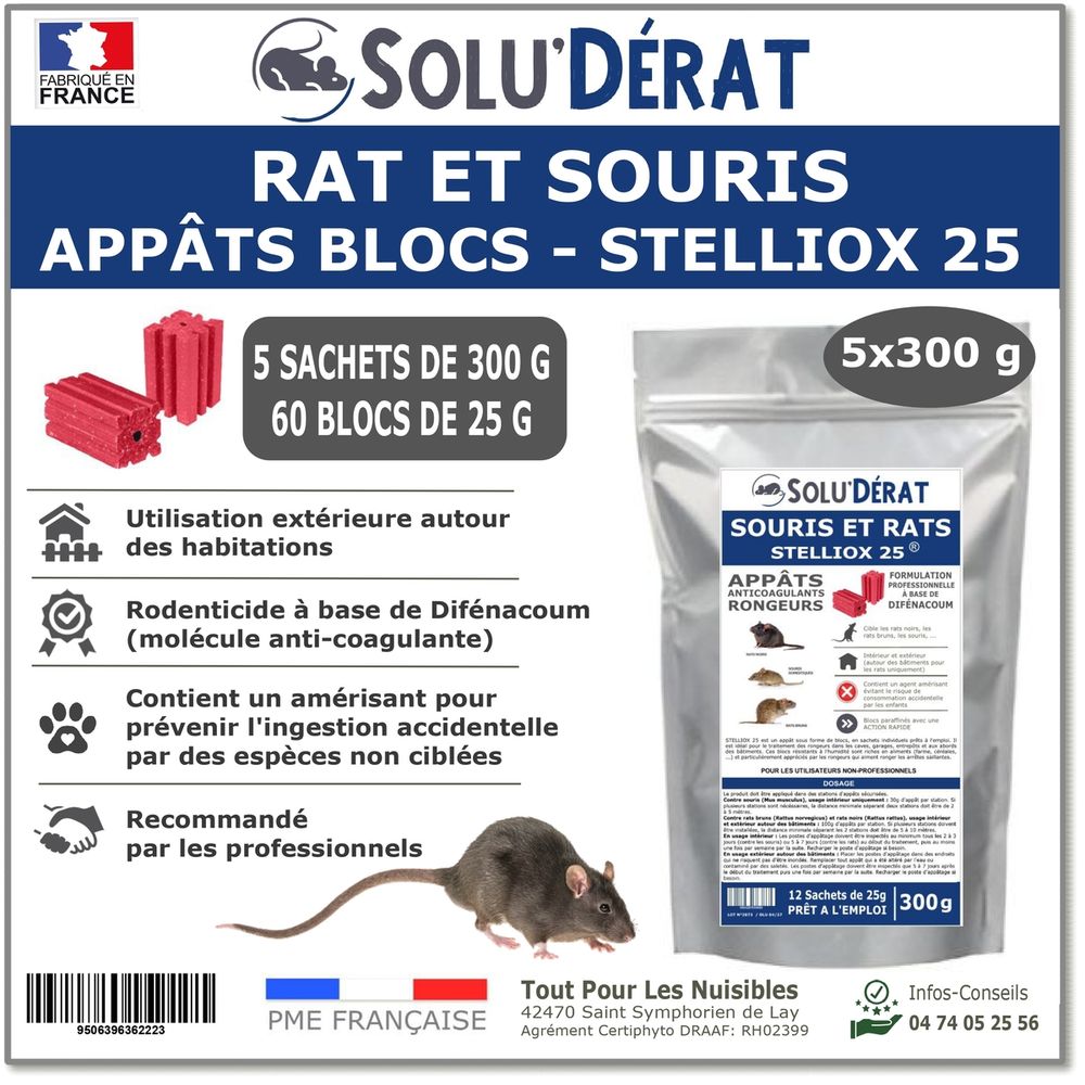 Solu'derat appat bloc rats & souris - 5 sachets 300 g soit 60 blocs - rodenticide au difenacoum 0,0025 % - usage exterieur