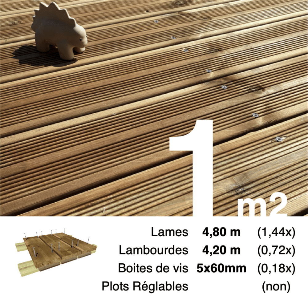 Kit terrasse pin autoclave marron pour 1 m², lames 4,8 m, lambourdes 4,2 m et visserie inox.