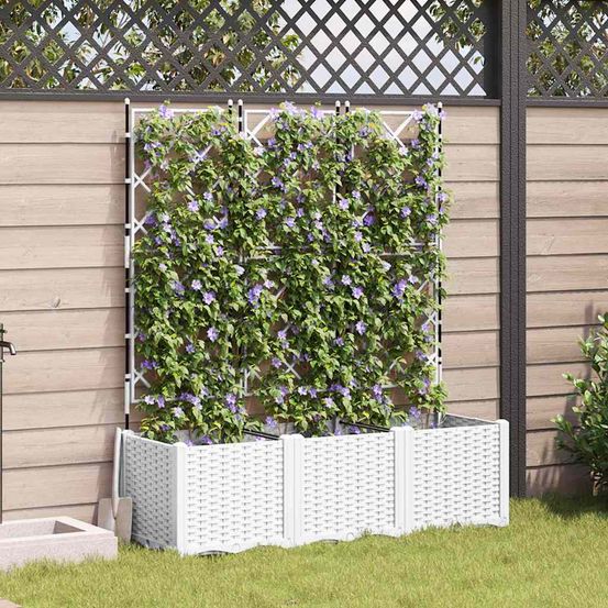 Lot de 3 bacs à fleurs avec treillis pour plantes grimpantes blanc 120x40cm