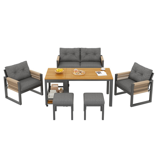 Ensemble de canapés d'extérieur, salon de jardin, structure en acier, accoudoirs tressés, coussins d'assise inclus, avec table.