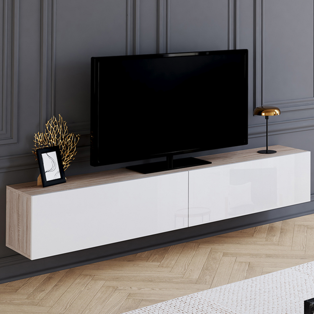 Meuble tv 180 cm suspendu elio 2 portes bois et blanc