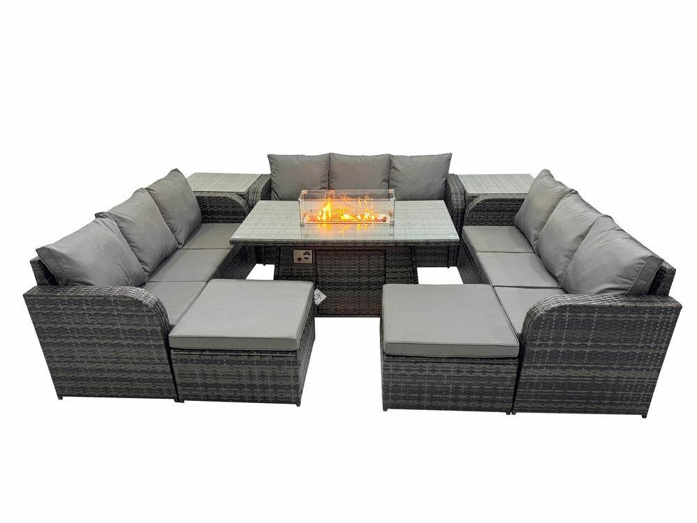 Salon de jardin en résine ensemble repas de jardin exterieur table de foyer à gaz avec 2 tables d'appoint canapé 2 grand tabourets