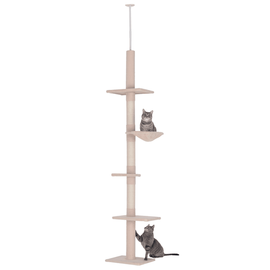 Arbre à chat sol-plafond réglable en sisal avec hamac et plateformes 230-260 cm beige