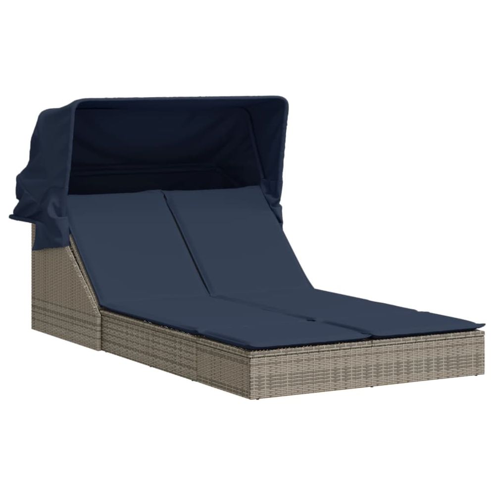 Chaise longue double et auvent et coussins gris résine tressée