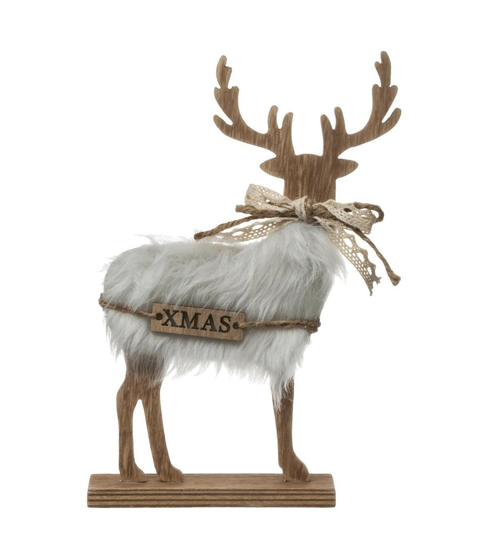 Déco de noël renne en bois avec fourrure blanche et noeud dentelle h 21 cm