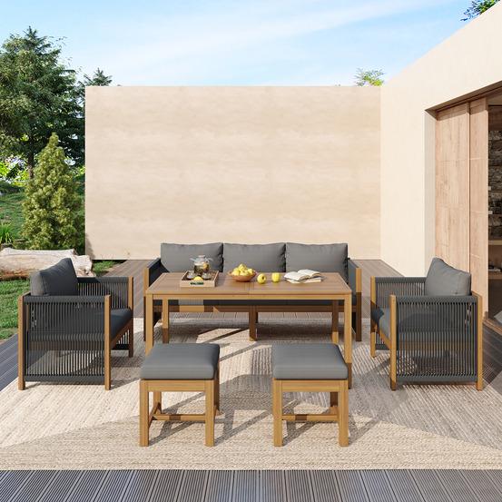 Salle à manger jardin 6 pièces: canapé 3 pers +2 fauteuils +2 tabourets + table à manger, acacia gris