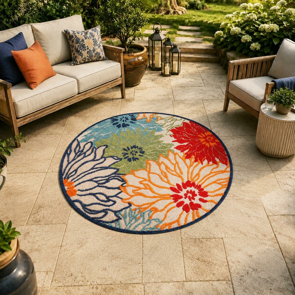Tapis rond d'extérieur ø120cm tissé kilim bleu et beige chimeka