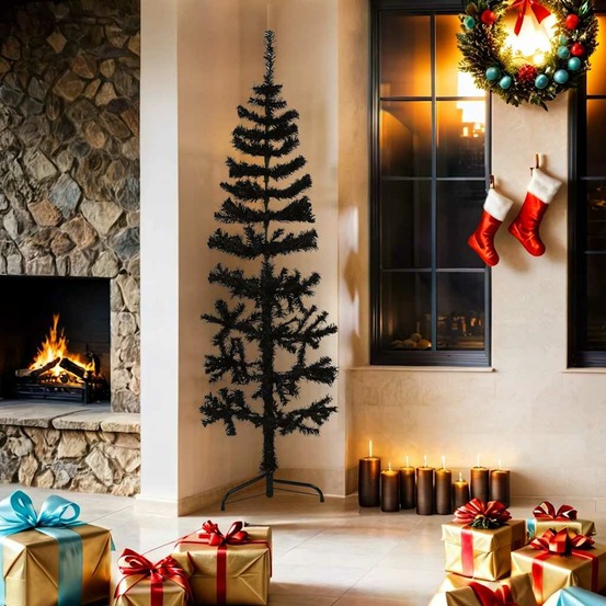Demi sapin de noël artificiel mince avec support noir 180 cm