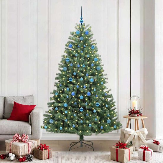 Superbe sapin de noël artificiel 210 cm, kit complet lumineux avec 121 pièces, montage rapide