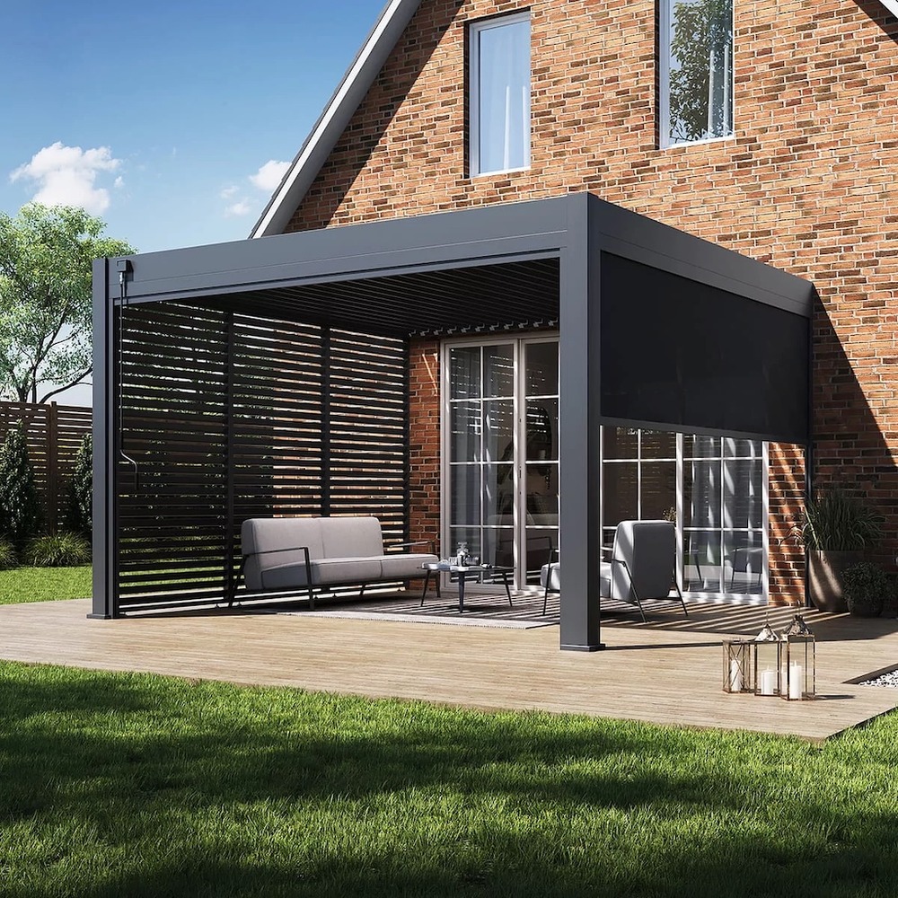 Pergola bioclimatique - ombréa - adossée - 4x4m - anthracite - version 2 - 400x400x258 cm