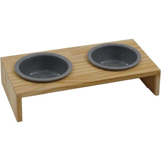 Gamelle double avec support en pin gris