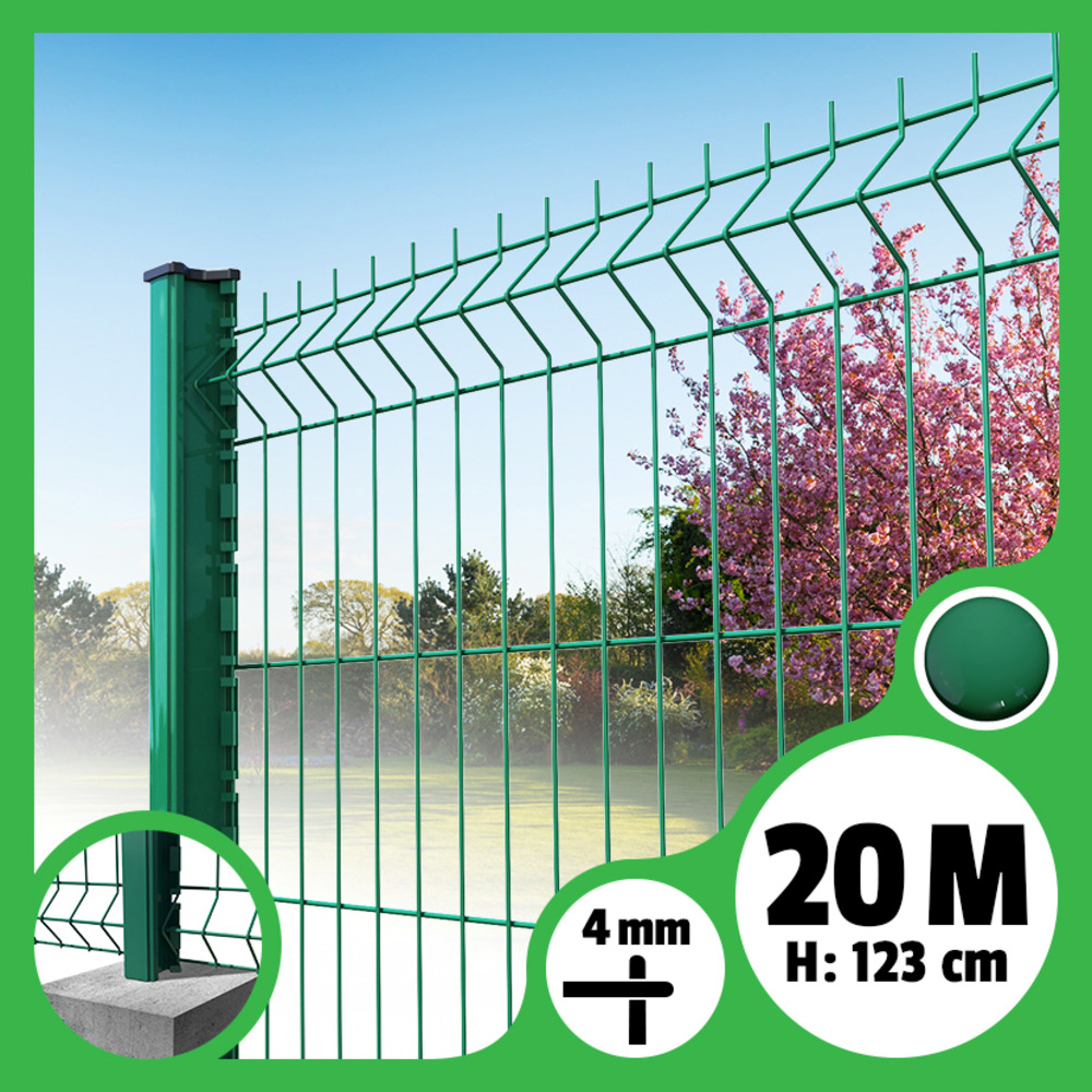 Kit grillage rigide poteaux h - longueur 20 mètres - 123 cm, vert, a sceller