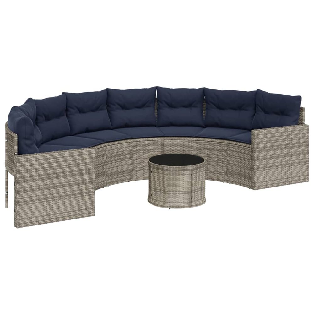 Canapé de jardin et table et coussins demi-rond gris poly rotin