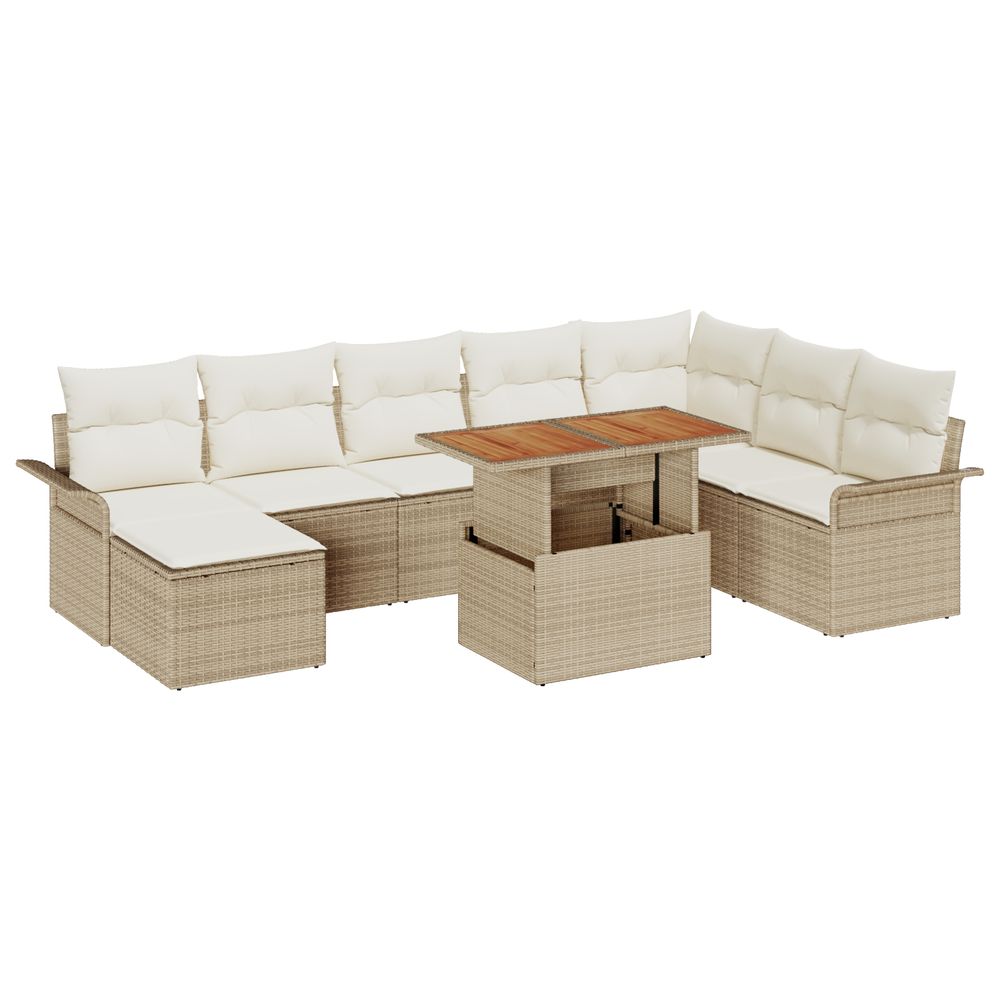 Ensemble salle à manger jardin 9 pièces avec coussins beige polyrotin acacia