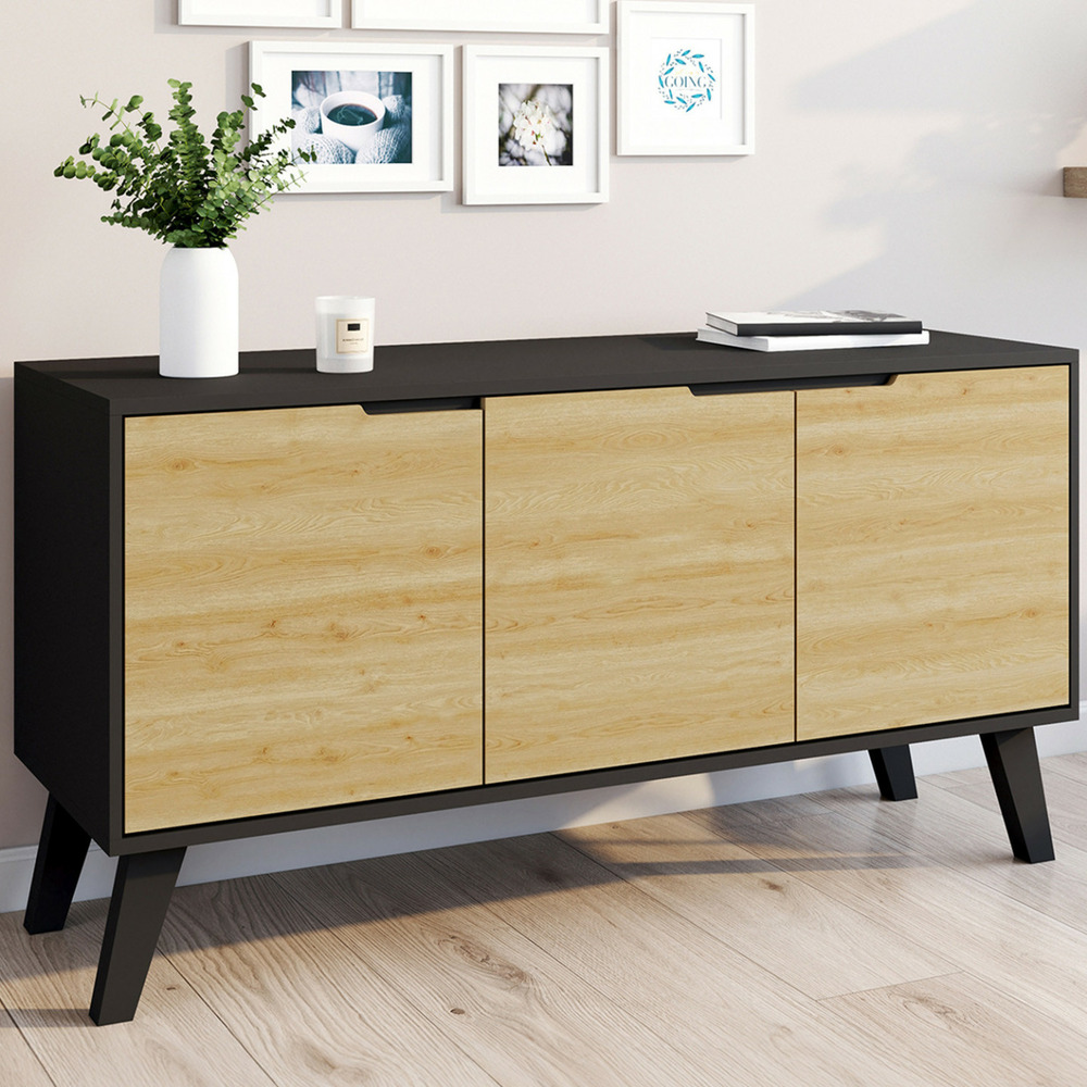 Buffet bas scandinave 113 cm finn 3 portes noir et bois façon hêtre