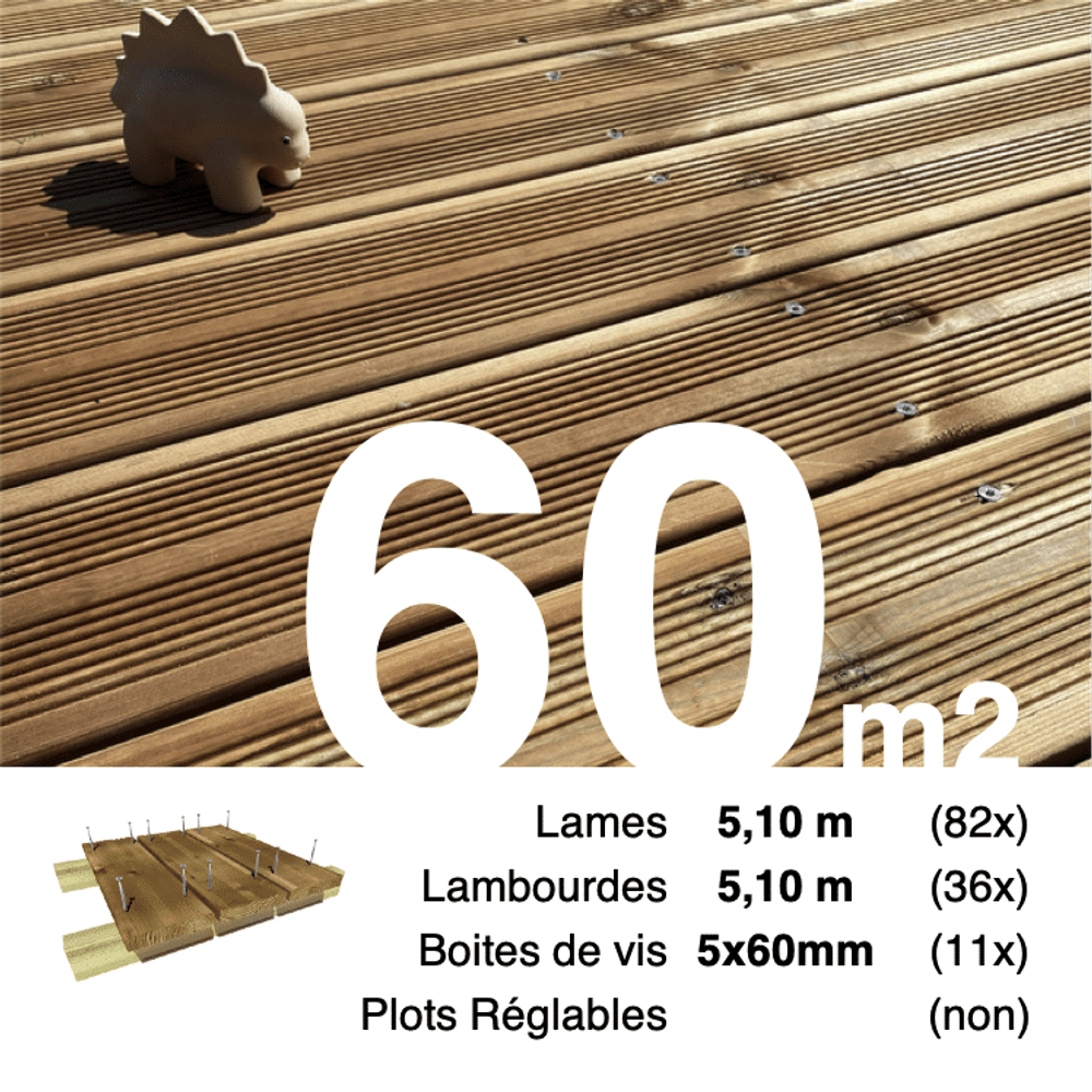 Kit terrasse pin autoclave marron pour 60 m², lames 5,1 m, lambourdes 5,1 m et visserie inox.