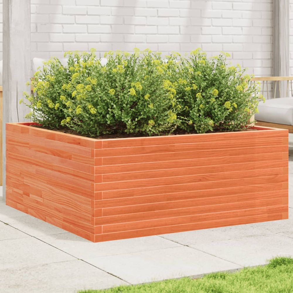 Grand carré potager bas en bois de pin massif – finition cire marron rustique pour légumes – 110x110cm brun