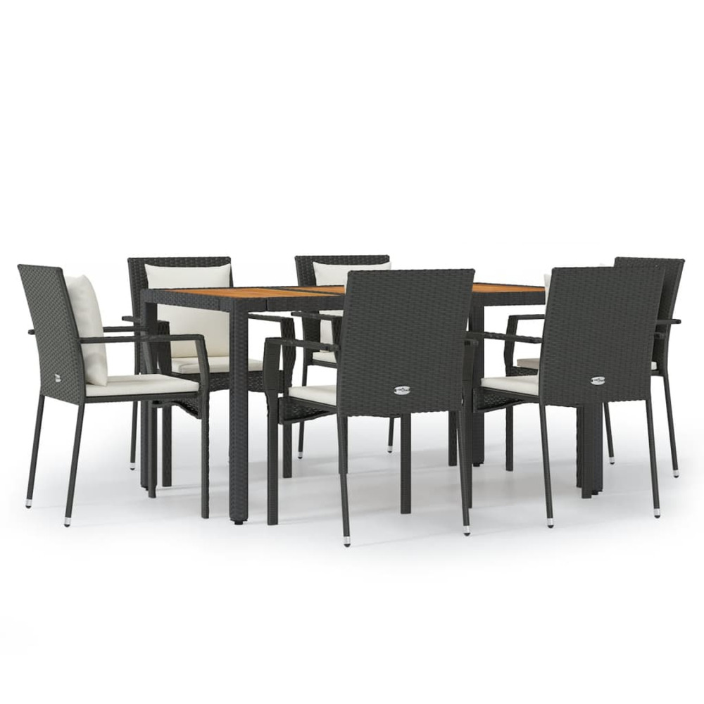 Ensemble à manger de jardin coussins 7pcs noir résine tressée