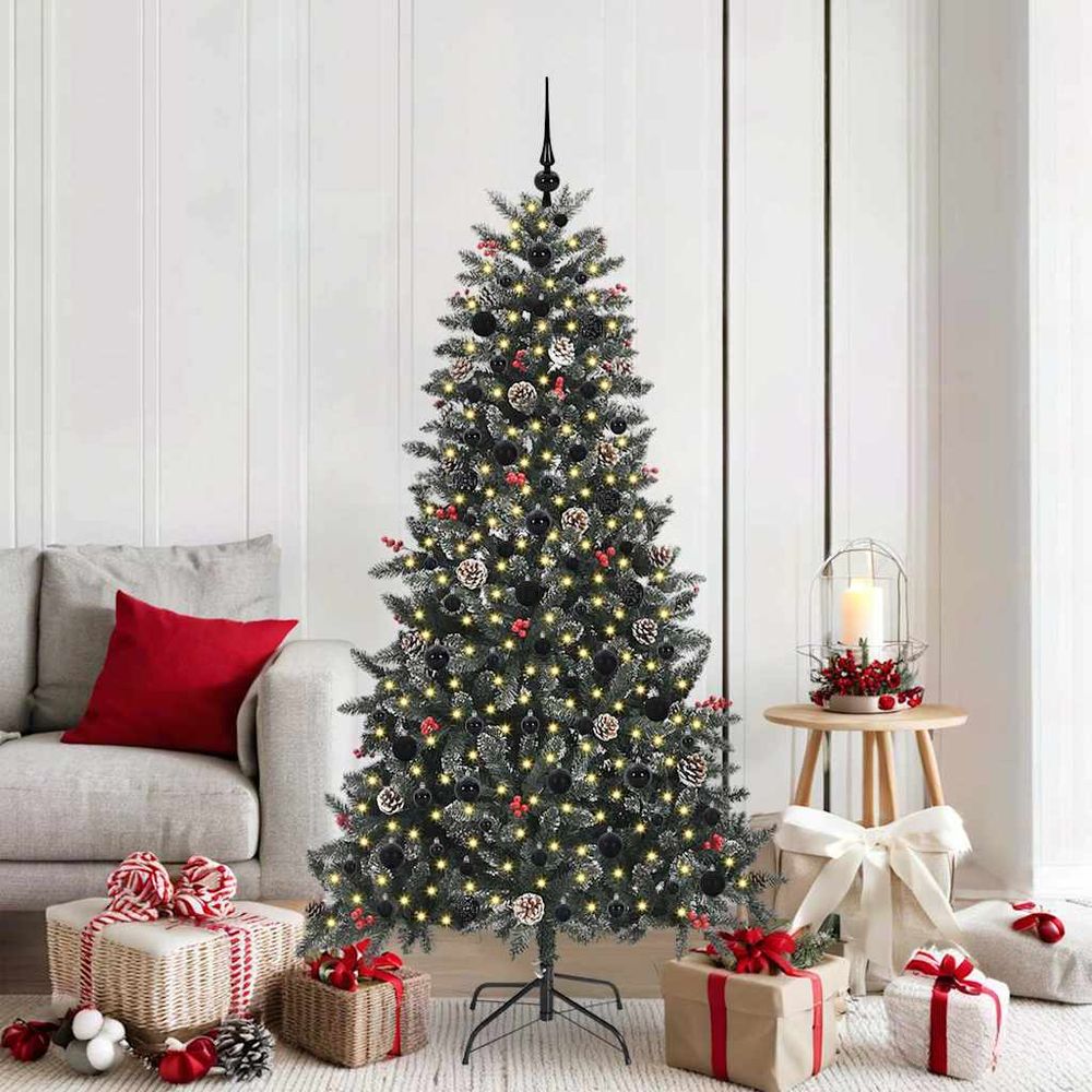 Sapin artificiel 180 cm prêt à installer, 300 led intégrées et décorations naturelles