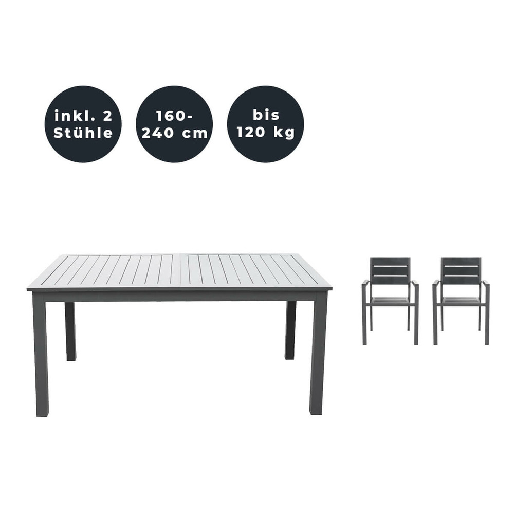 Home deluxe - table de jardin extensible - casa - env. 160 (240) x 100 x 74 cm - avec 2 chaises, structure et plateau en aluminium -