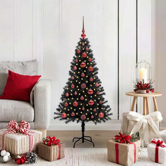 Sapin de noël design conique noir 120 cm, lumineux 150 led, kit complet avec boules pour décoration de fête