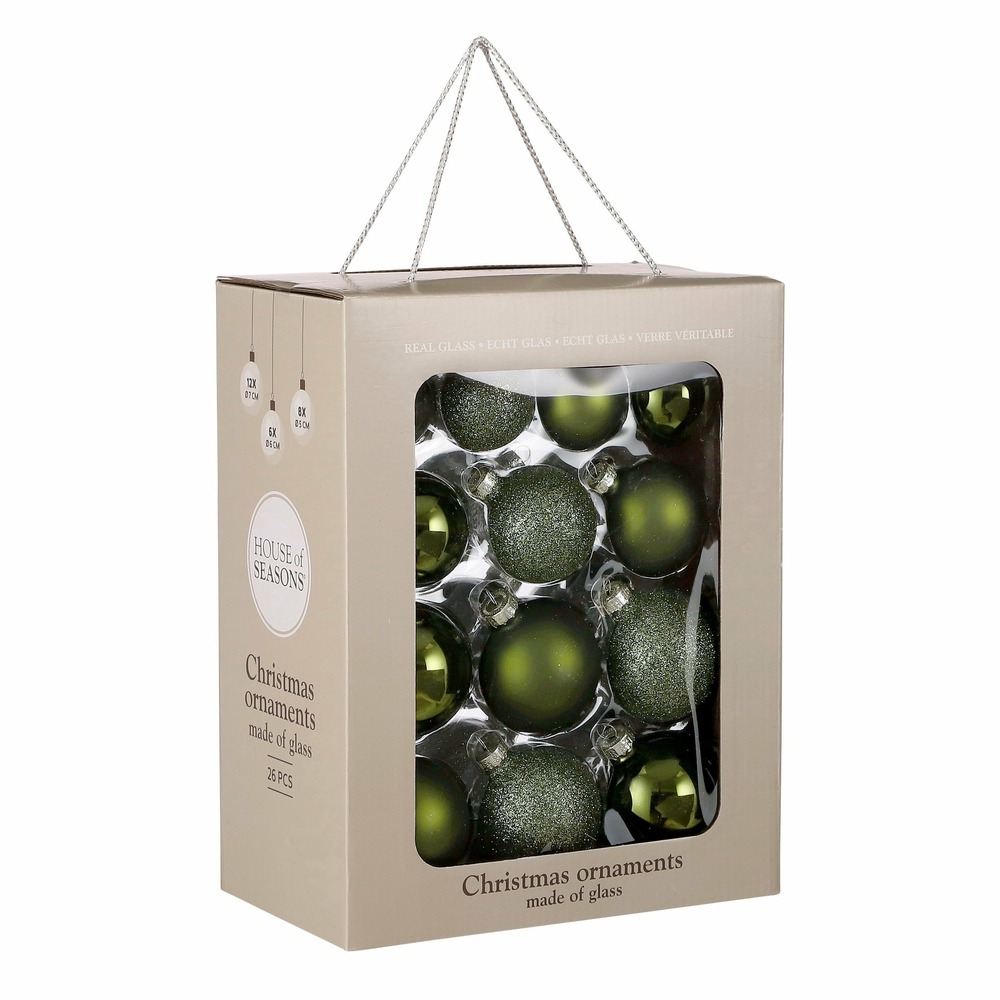 Mica decorations boules de noël - 26 pièces - ø7 cm - verre - vert