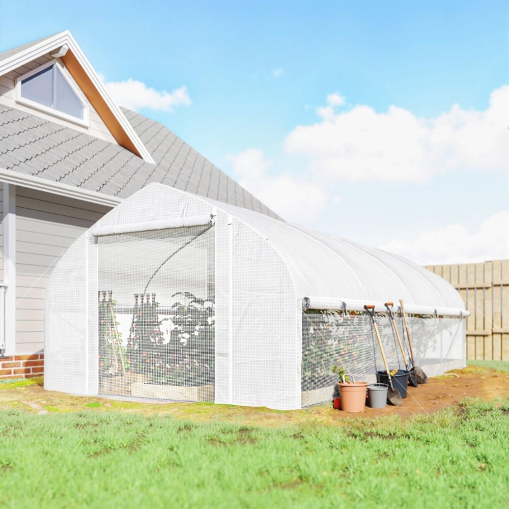 Serre tunnel pe acier galvanisé 5,95 x 3 x 2 m blanche potager anti-uv porte zippée - comfortxl outdoor living