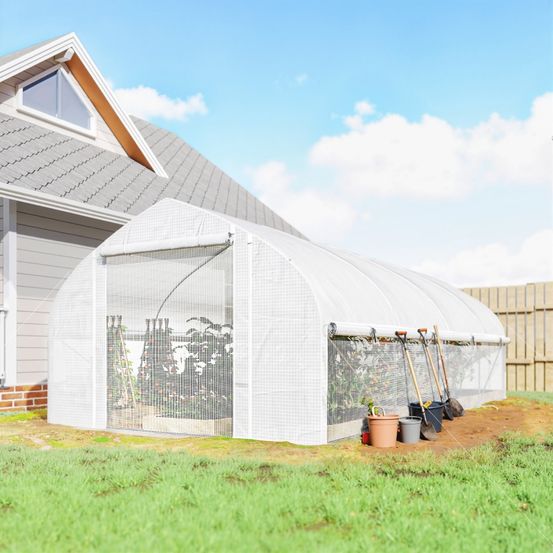 Serre tunnel pe acier galvanisé 5,95 x 3 x 2 m blanche potager anti-uv porte zippée - comfortxl outdoor living