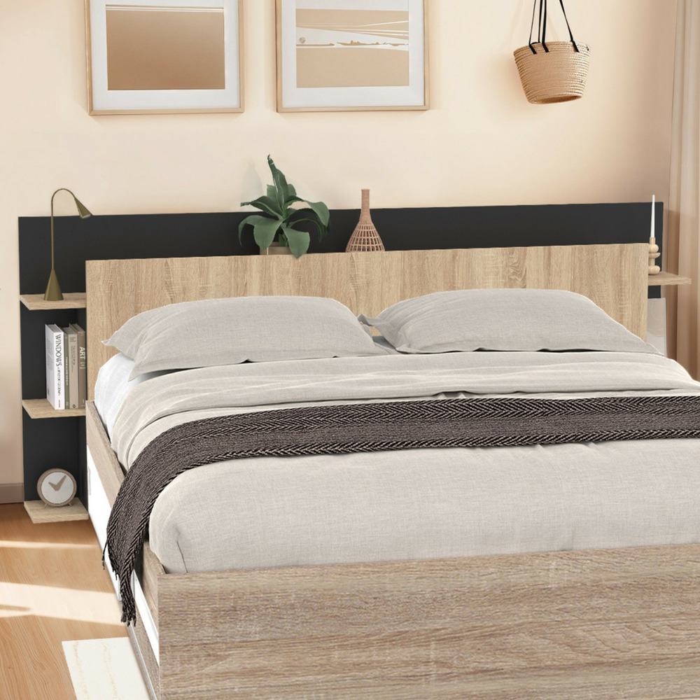 Tête de lit sur pied ciri pour lit 140 et 160 cm avec rangements bois et noir