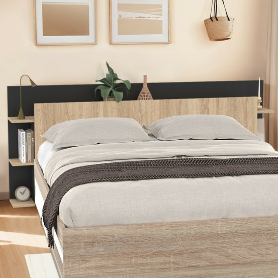 Tête de lit sur pied ciri pour lit 140 et 160 cm avec rangements bois et noir