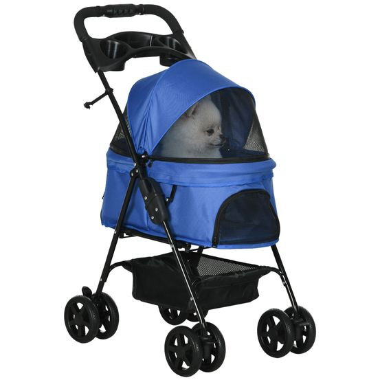 Poussette pour chien acier oxford petits animaux capote zippée 67cm bleu