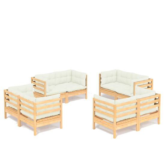 Salon de jardin 8 pcs avec coussins crème bois de pin