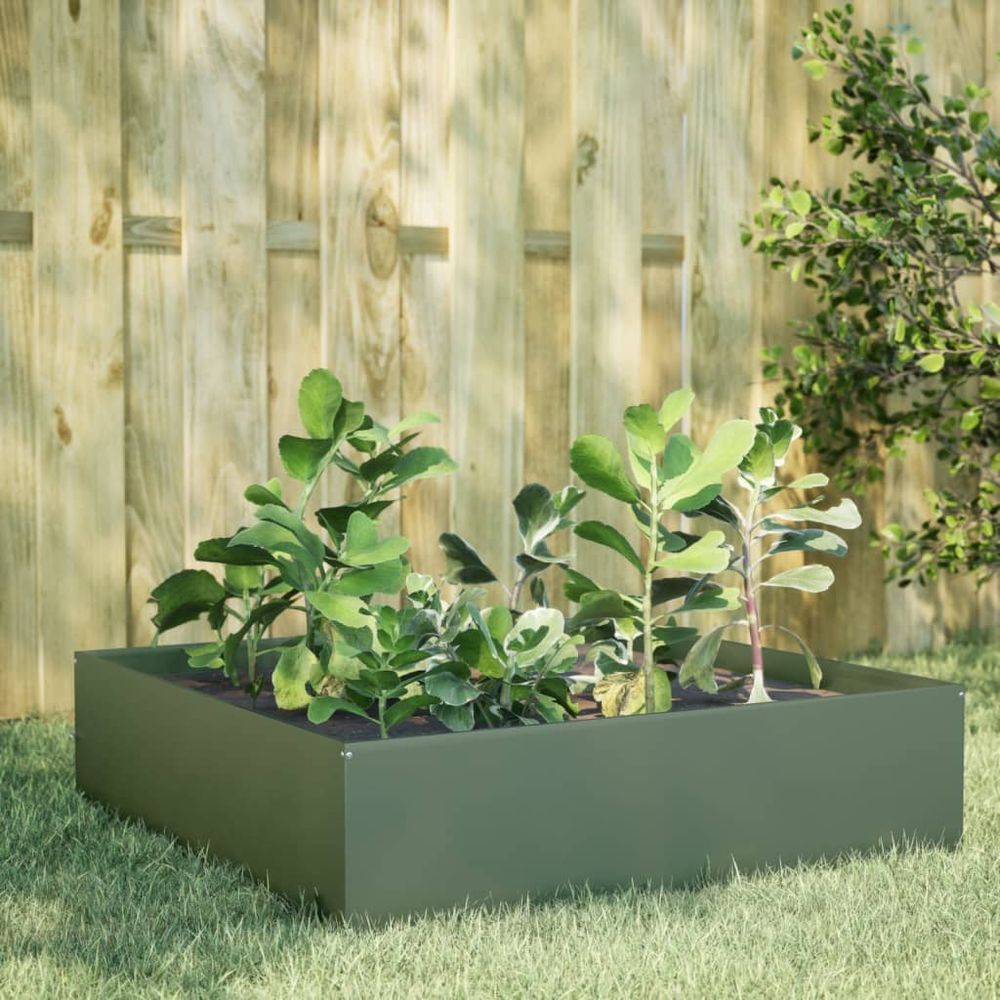 Carré potager surélevé en acier pour jardin terrasse vert olive 100x100x25 cm