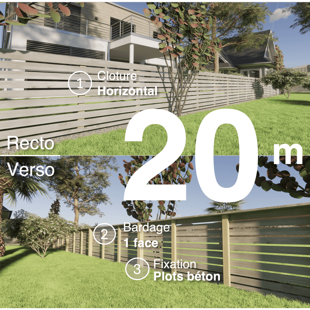 Kit clôture bois moderne 20m – h 0,9m – 20 x 70 mm autoclave gris – pose horizontal – simple face – à sceller