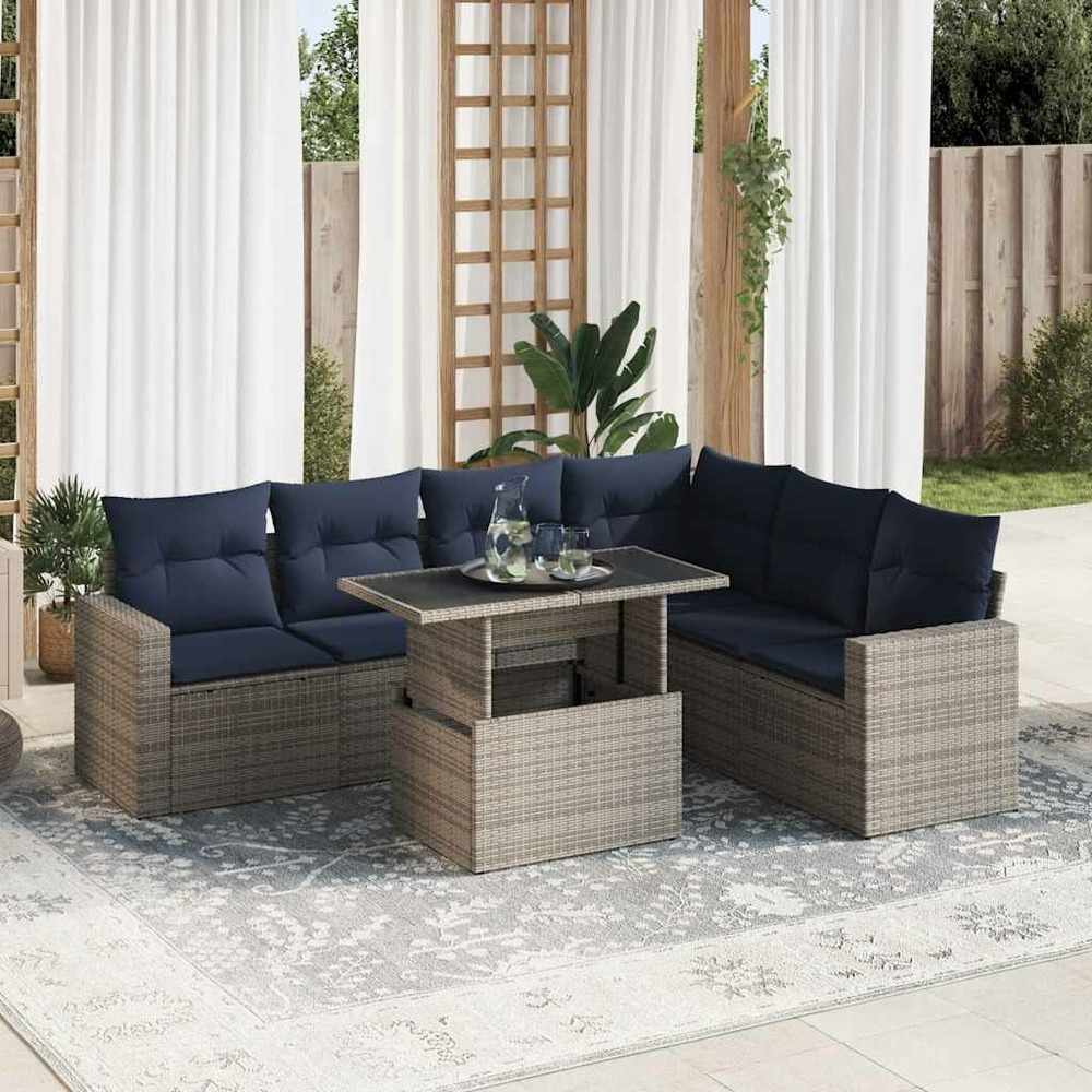 Salon de jardin avec coussins 7 pcs noir résine tressée acacia