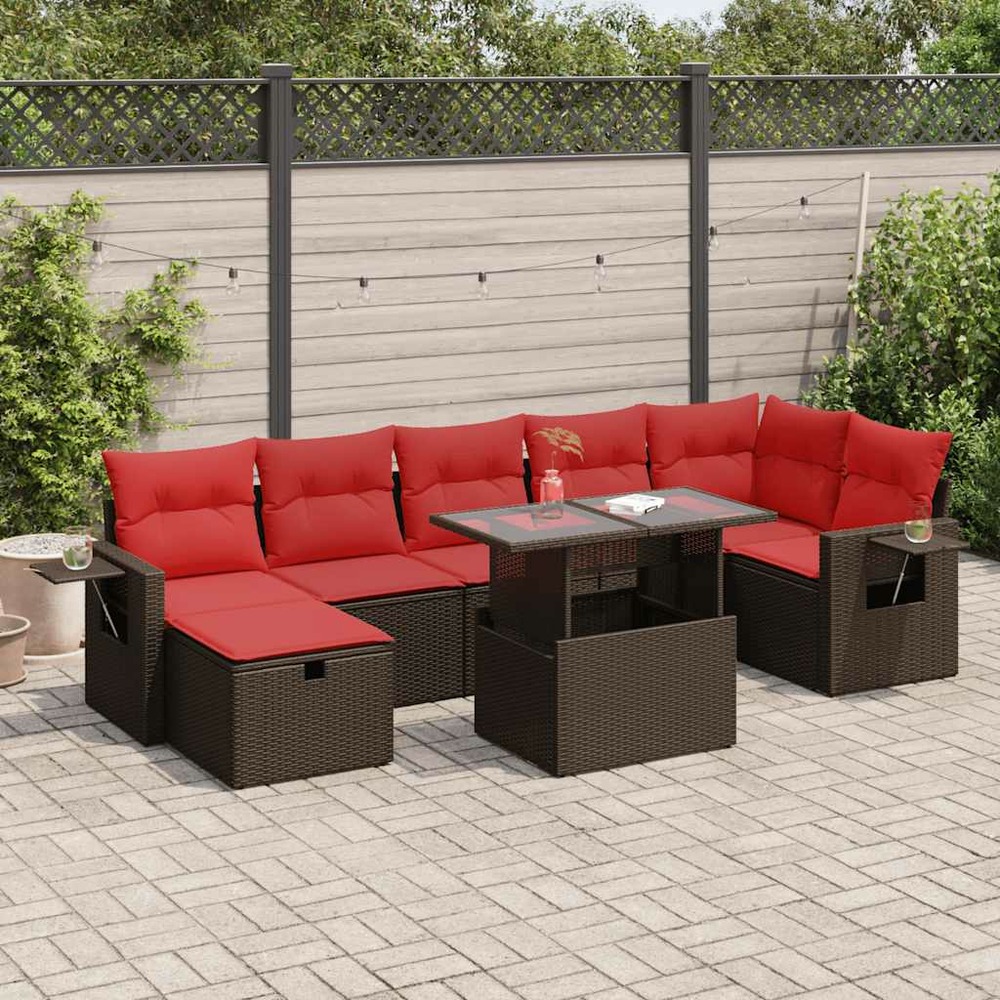 Salon de jardin avec coussins 8 pcs marron résine tressée acacia