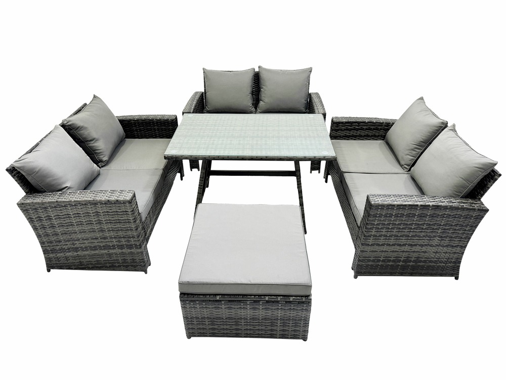 7 places ensemble de meubles de jardin avec table à manger rectangulaire canapé à deux places grand tabouret